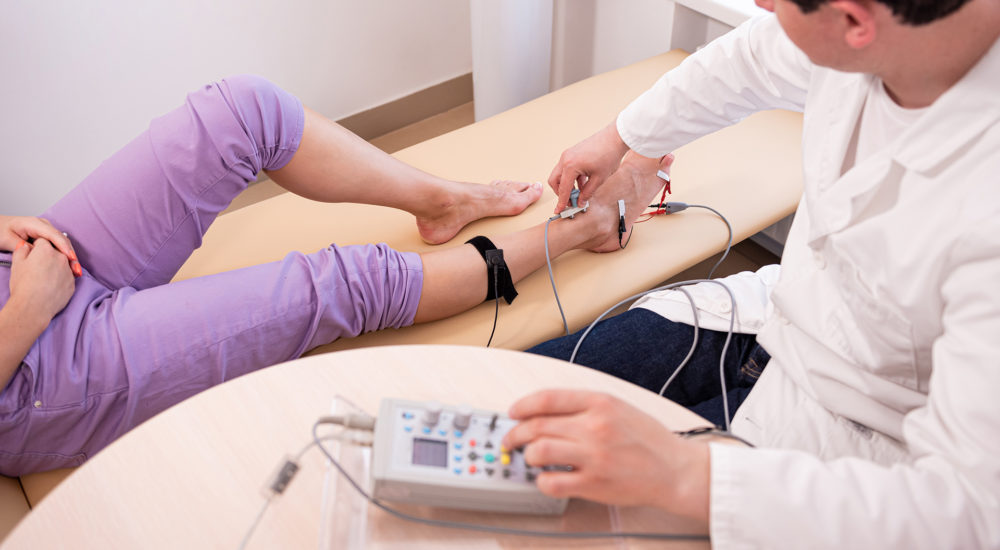 Patient nerves testing using electromyography at medical center Patient nerves testing using electromyography at medical center.
